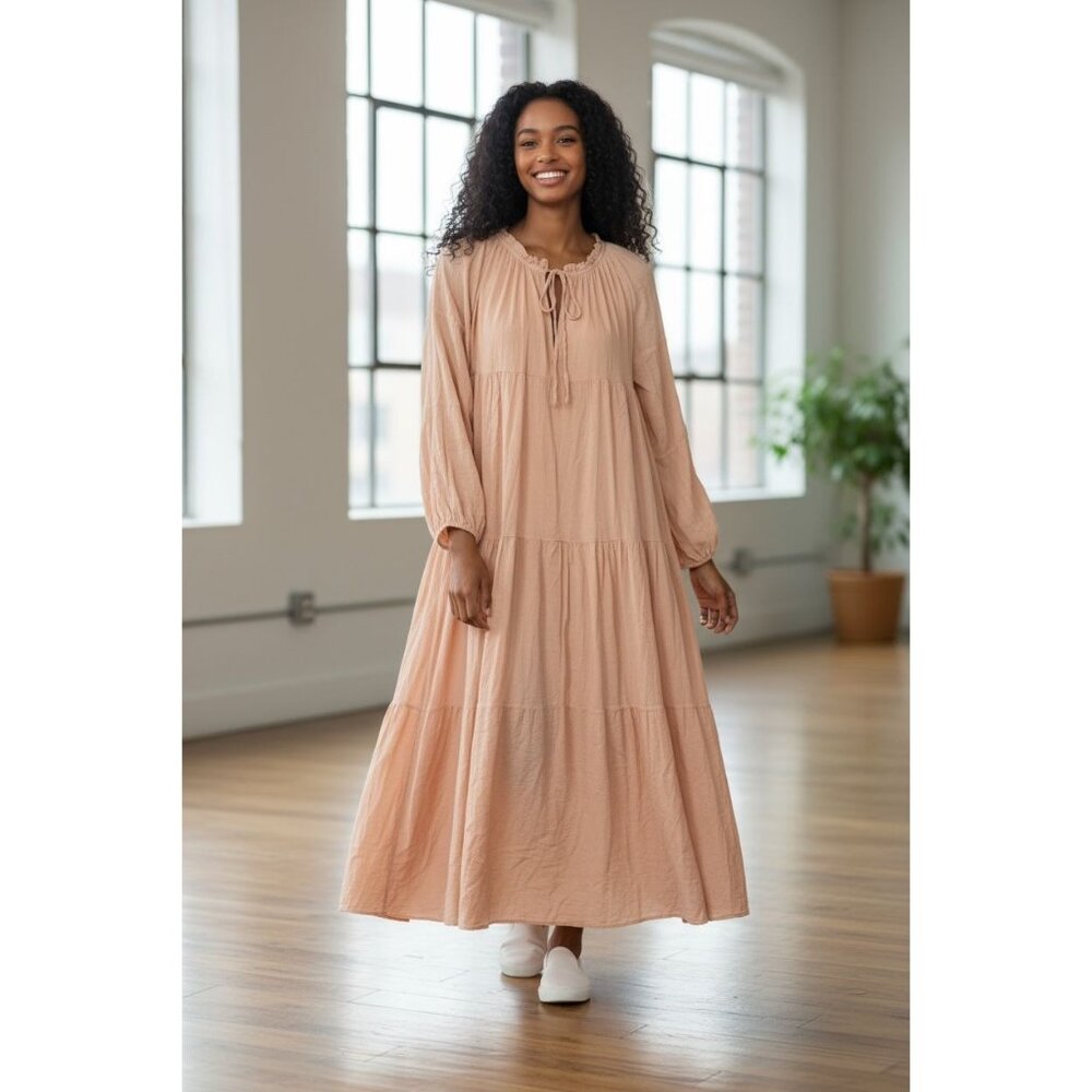 NEW 9seed Womens Size S Long Sleeve Maxi Pink Dress 100% Cotton Boho Chic Resort